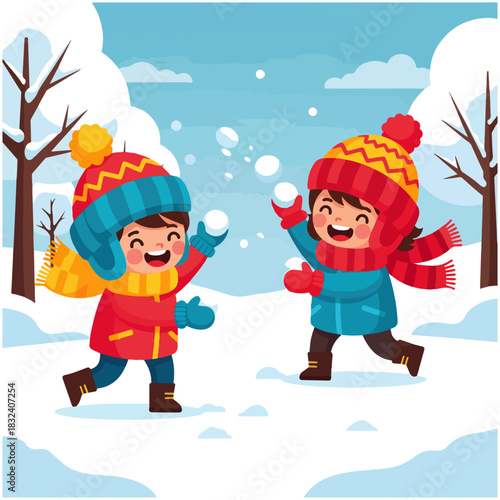 Two happy children, a boy and a girl, joyfully playing a snowball fight in a snowy winter landscape with trees.