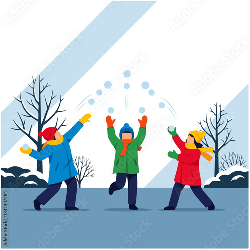 Three happy children in colorful winter coats having a fun snowball fight in a snowy park illustration.