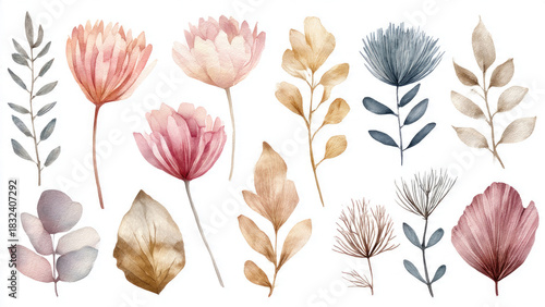 Delicate watercolor botanical illustrations: a collection of muted flowers, leaves, and branches in pastel pinks, blues, and earthy tones.