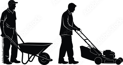 Vector Black Silhouette Illustration of Two Gardeners Operating a Wheelbarrow and Push Lawnmower; Landscaping, Lawn Care, and Yard Work Professionals Concept on White Background.