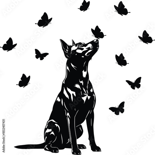 Vector Black Silhouette Illustration of a Dog Sitting and Looking Up at a Circle of Flying Butterflies; Nature, Pet Love, Animal Freedom, and Harmony Concept on White.