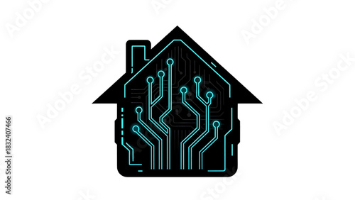 Vector illustration of black silhouette of a house shape filled with glowing blue circuit board pattern, isolated on transparent background