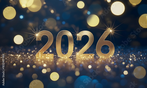 Golden 2026 new year numerals sparkling on a glittery surface perfect for festive backgrounds and celebrations