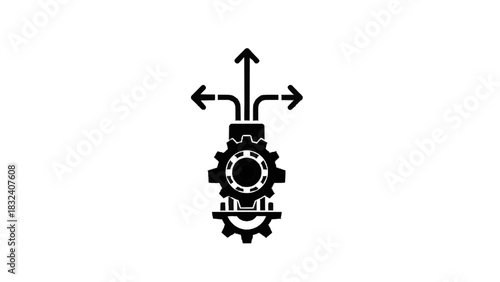 Vector illustration of black and white icon representing a gear mechanism with three diverging arrows showing choice or direction isolated on transparent background