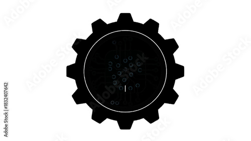 Vector illustration of black and white icon combining a microchip circuit board inside a gear, isolated on transparent background