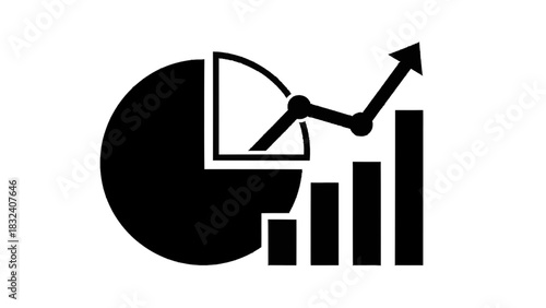 Vector illustration of black and white icon representing business growth with a pie chart and an upward trending line graph over bar chart isolated on transparent background