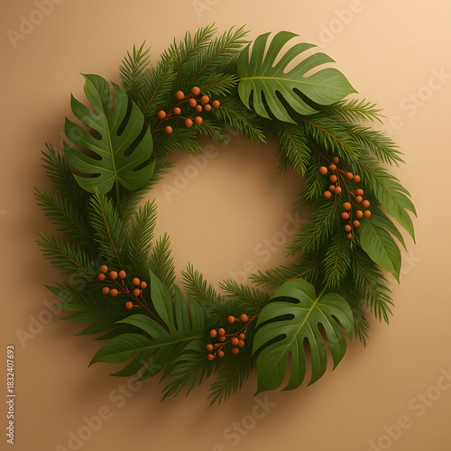 Festive Foliage: A lush, circular wreath composed of vibrant green monstera leaves and textured evergreens, accented with delicate berries, is set against a warm background.