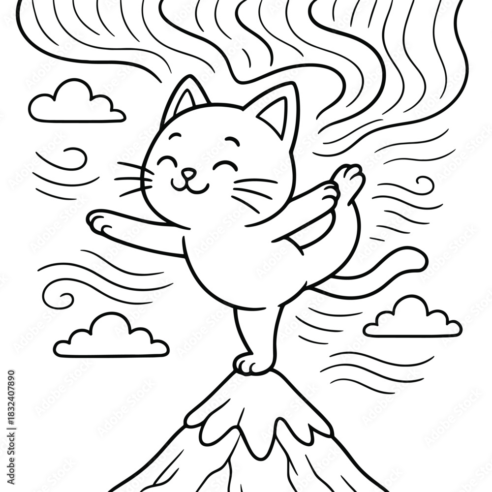 Fototapeta premium Yoga Cat atop Mountain: A serene cat strikes a balancing pose atop a mountain peak, against a backdrop of swirling wind and fluffy clouds, embodying tranquility and grace.