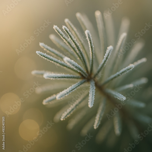 Frost-Kissed Needle: A close-up showcases a pine needle with delicate ice crystals, illuminated by soft sunlight. A captivating image that encapsulates the tranquility of winter.