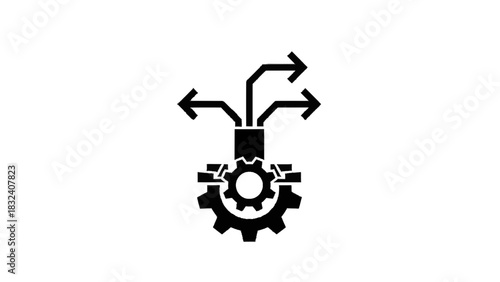 Vector illustration of black and white icon representing a gear mechanism with three diverging arrows showing process distribution or branching isolated on transparent background