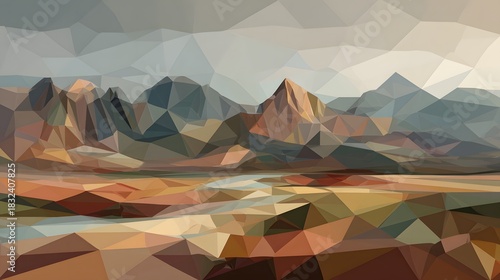 Low Poly Geometric Mountain Landscape with River abstract Image