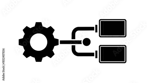 Vector illustration of black and white icon representing a gear mechanism processing data flow to two separate output devices or screens isolated on transparent background