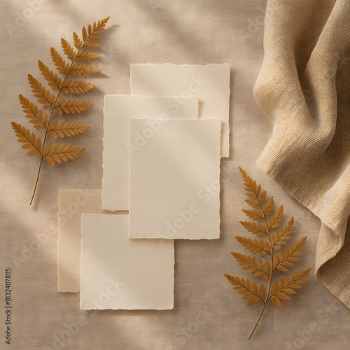 Nature's Stationery: A serene composition featuring several handcrafted paper cards alongside delicate leaves and a soft fabric, evoking a sense of artistic creativity and natural design.