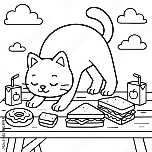 Playful Feline's Feast: A cheerful cat stretches toward a table laden with delightful treats. A joyful and inviting black-and-white scene.