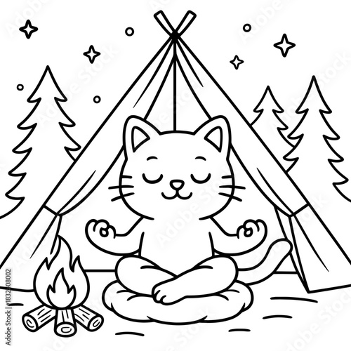 Serene Cat Camp: A cartoon cat, embracing inner peace through meditation in the tranquil campsite, embodying mindfulness and harmony under the starlit sky.