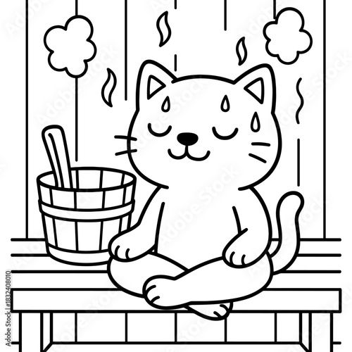 Zen Cat: A tranquil illustration captures a charming cat in a sauna, finding peace and relaxation within the therapeutic heat and steam.