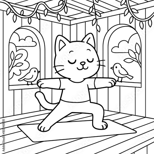 Cat's Yoga Pose: A cute cat practices yoga on a mat, demonstrating a warrior pose, accompanied by small birds and a serene indoor setting with string lights and arched windows. 