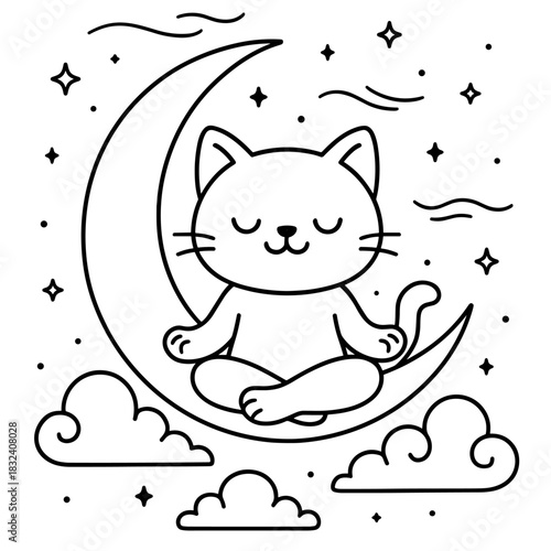Cat Contemplation: In a serene scene, a peaceful cat finds tranquility while meditating upon a crescent moon, embraced by fluffy clouds and a starry sky.