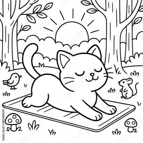 Zen Kitten in Nature's Embrace: An adorable kitten practices yoga in a sun-dappled glade, finding peace among the trees and basking in the morning sun, joined by a friendly bird and mouse.