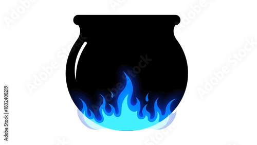 Vector illustration of black cauldron with bright blue flame burning underneath, isolated on transparent background