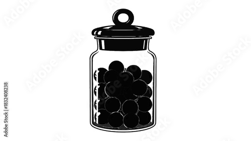 Vector illustration of black and white illustration of a glass apothecary jar filled with round dark candy or marbles, isolated on transparent background
