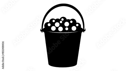 Vector illustration of black silhouette icon of a bucket full of soap bubbles isolated on transparent background