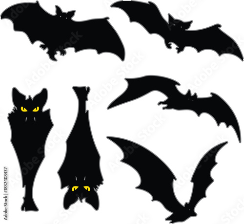 Bat silhouette illustration, flying bats, hanging bats, Halloween theme, spooky design, cartoon style, vector graphic, nocturnal animal, art
