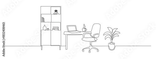 Line art office workspace illustration featuring desk setup and furniture. Contemporary interior design sketch with continuous one-line drawing technique and modern home office elements