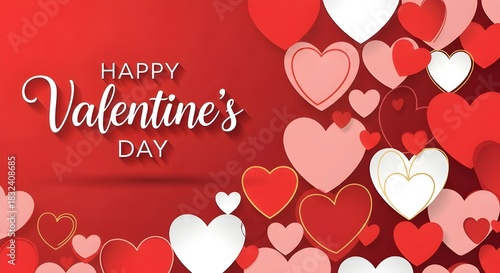 Happy valentine's day greeting on a vibrant red background, adorned with scattered hearts in red, pink, and white, symbolizing love.