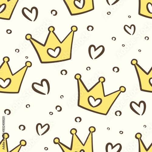 Cute baby seamless pattern cartoon of a gold crown and heart on white background. This adorable hand drawn cartoon illustration. Suitable for wrapping paper, wallpaper, prints and children's clothes.