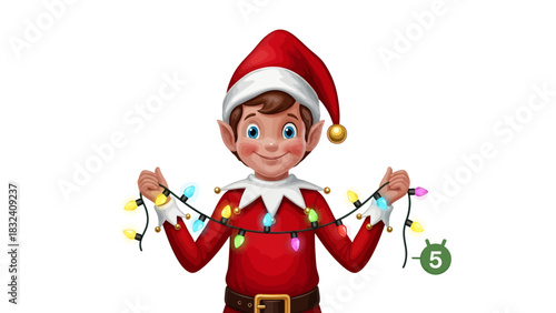 Festive Christmas Elf with Holiday Lights Illustration