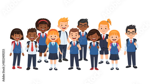Diverse Group of Elementary School Students in Uniforms