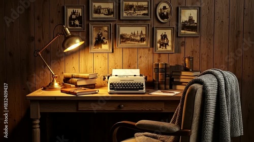 Vintage Writers Desk with Typewriter and Books in a Cozy, Warm-Lit Room.