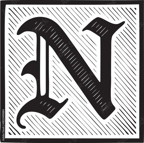 Medieval gothic illuminated letter N bold blackletter linocut ornamental initial with engraved shading for manuscript inspired artwork