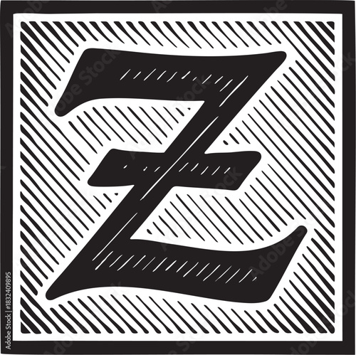 Gothic medieval illuminated letter Z decorative linocut print style with bold engraving effect for vintage typographic design