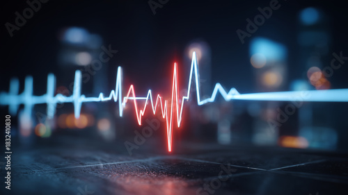 Glowing red and blue heartbeat waveform on a futuristic dark background symbolizing medical monitoring cardiology health technology and the rhythm of life and innovation