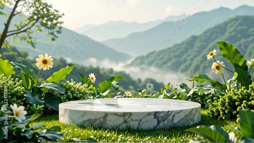 beautiful landscape mountainous area sky blue mountains covered green trees shrubs foreground round white marble table marble base surrounding table various plants flowers yellow white daisies