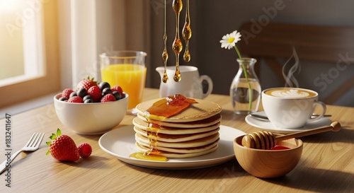 Sunlit European breakfast: warm croissant, butter curls, berry jam, café au lait, honey drizzle, golden morning glow.
