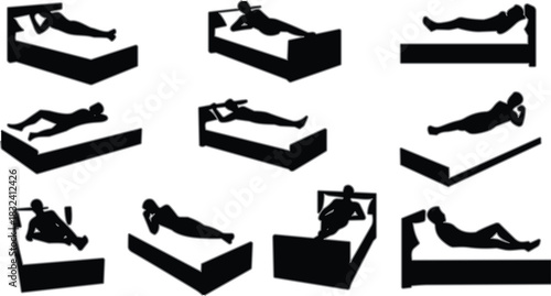 Sleeping position silhouette illustration, person on bed, lying, reclining, resting, ergonomic pose, vector graphic, sleep study, art