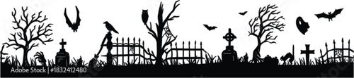 Spooky graveyard silhouette illustration, Halloween theme, haunted scene, bats, ghost, owl, crow, tombstones, trees, vector graphic, art