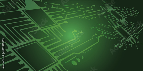 Green Circuit Board Design with Electronic Components and Connections.