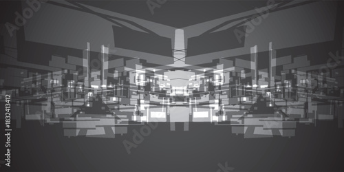 Abstract Gray Geometric Composition with Overlapping Rectangular Shapes.