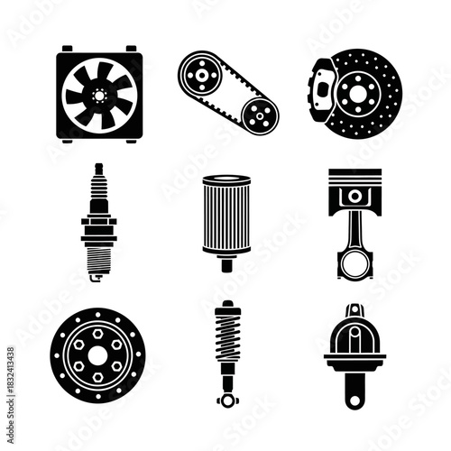 Automotive Component Icons Featuring Fans, Belts, Bearings, Filters, and Rotating Mechanical Parts