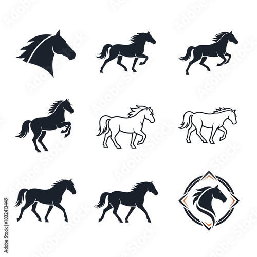 Collection of Horse Silhouettes Showing Various Equestrian Poses and Galloping Motion Styles