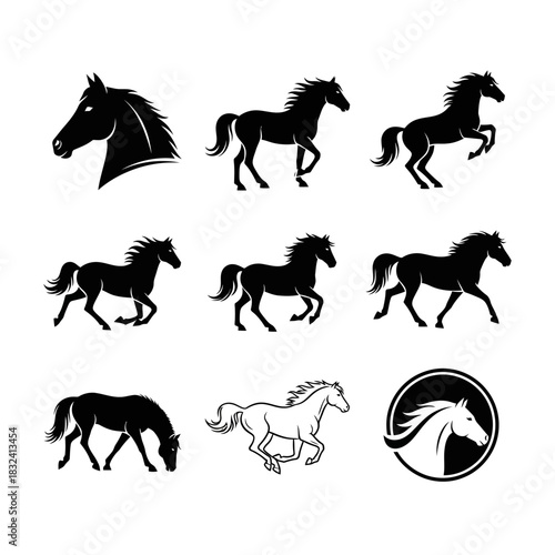 Running Horse Icons Featuring Various Silhouettes and Dynamic Equestrian Motion Poses