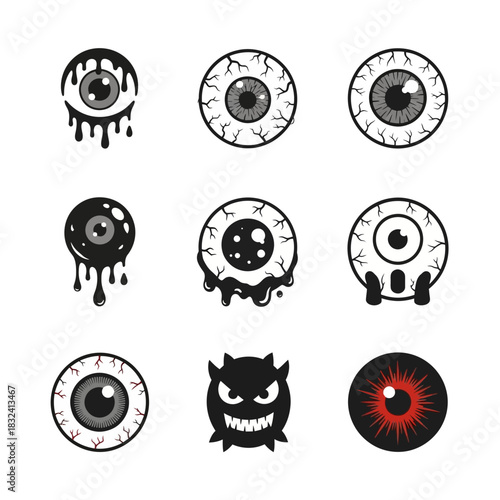 Variety of Eyeball Icons Showing Circular Iris Patterns, Organic Drips, and Stylized Optical Forms