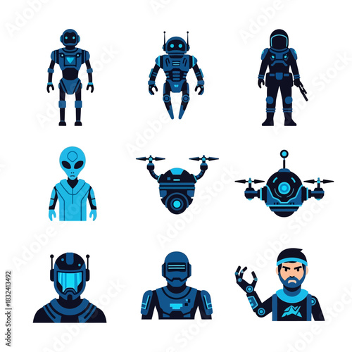 Futuristic Robot and Drone Icons Featuring Humanoid Figures and Mechanical Components