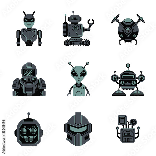 Robot and Alien Icons in Futuristic Mechanical and Sci-Fi-Inspired Designs