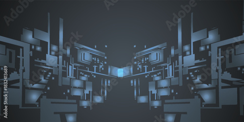 Abstract Geometric Blue Structures Symmetric Design with Glowing Elements.