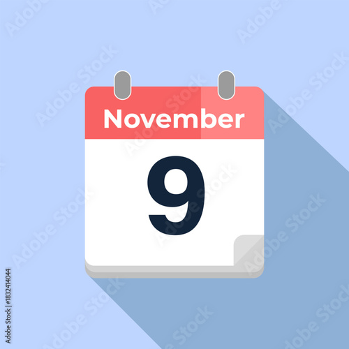 November 9 Vector Calendar
Modern flat color vector calendar with date